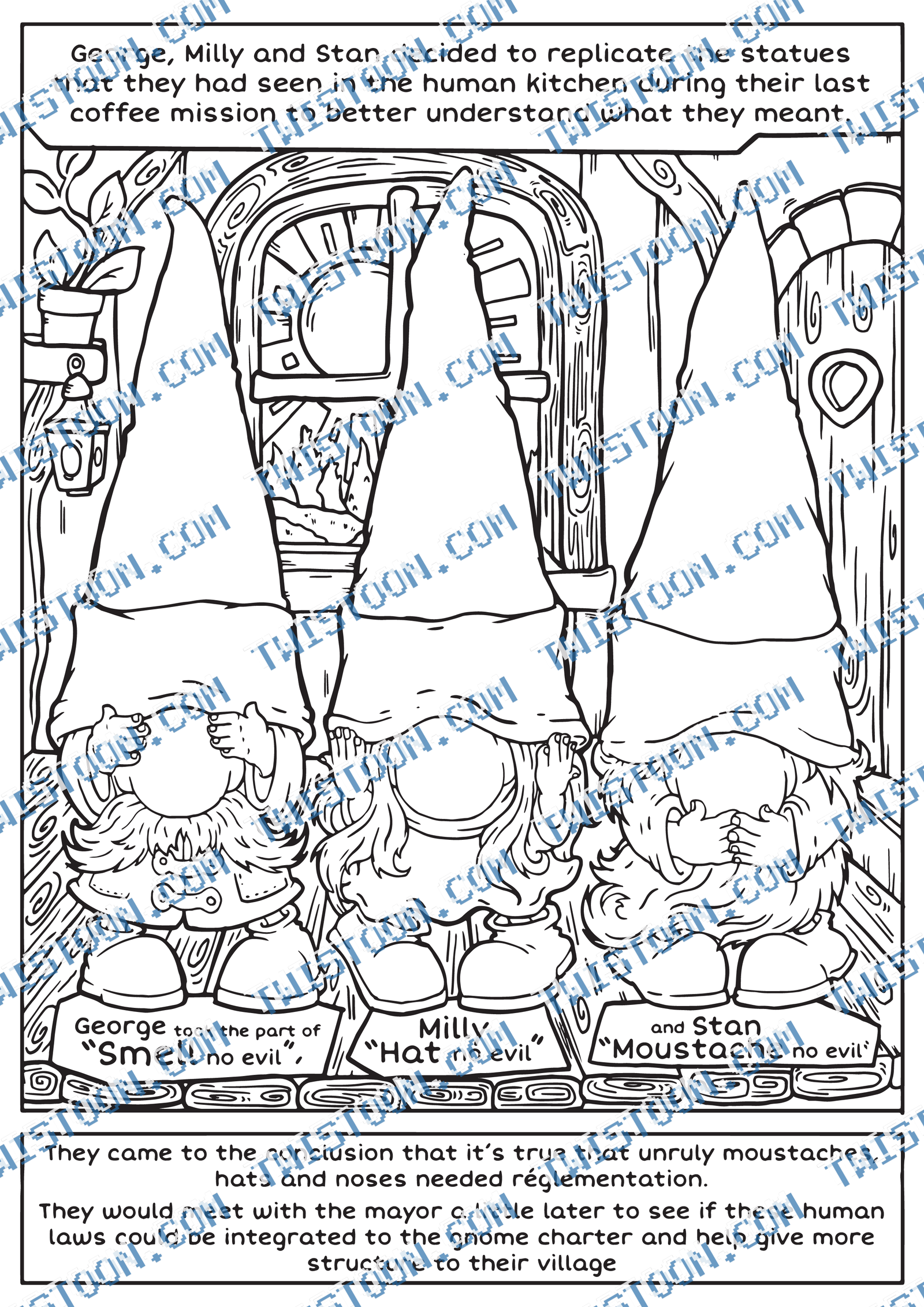 Three Monkey Gnomes Coloring Page