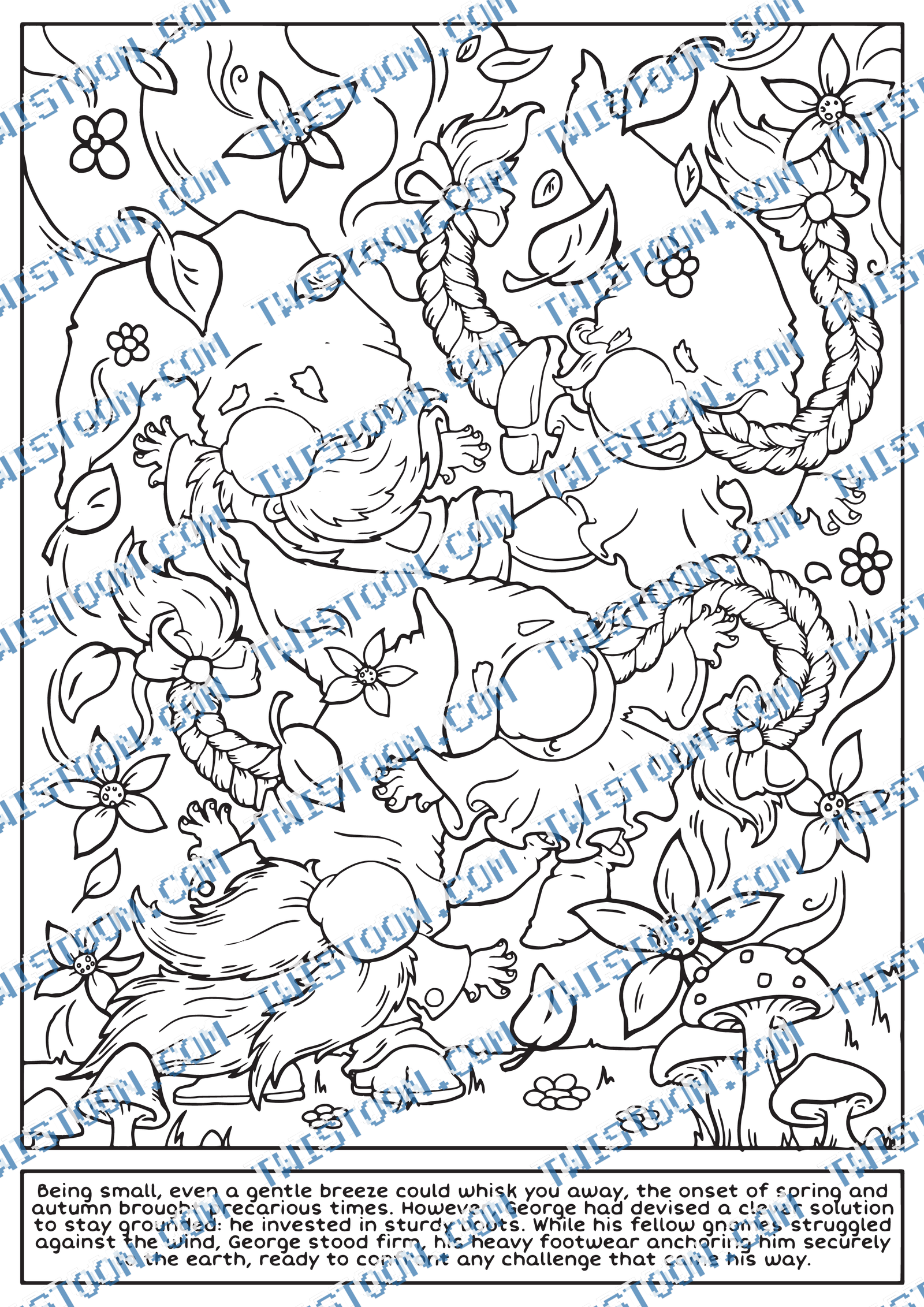 Tumbling Gnomes Coloring Page